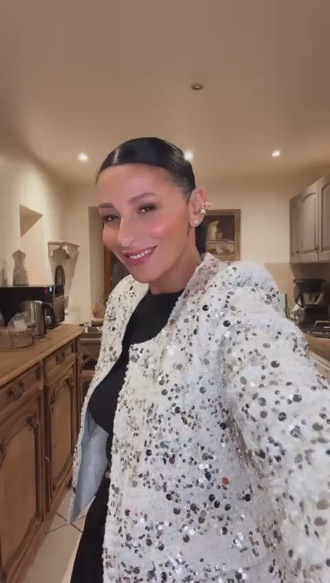 Veste tweed paillettes blanc et argenté